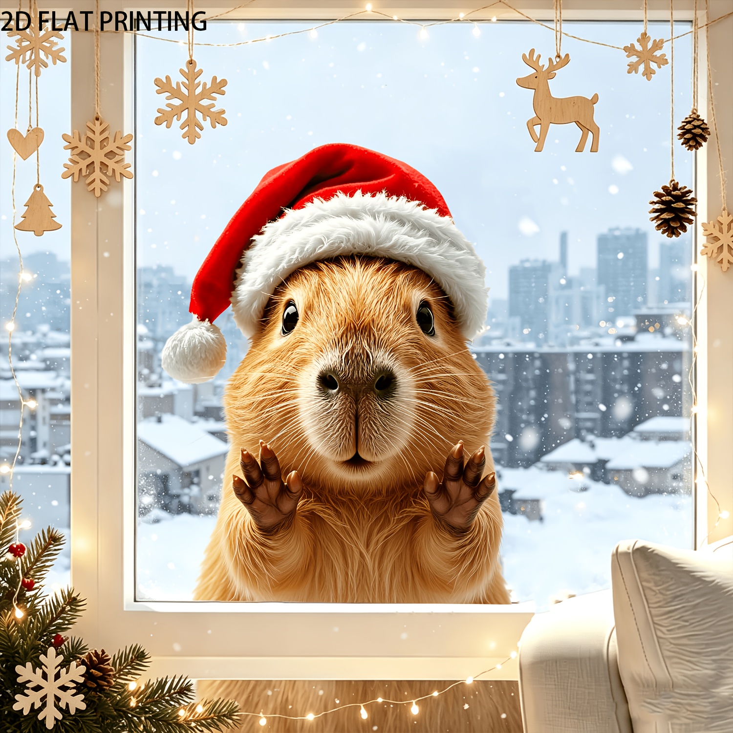 TEMU Static Window Cling Of Capybara With Santa Hat In Snow Scene Cute Waving Capybara Winter Decor Sticker 3-layer Print Double-sided Visible