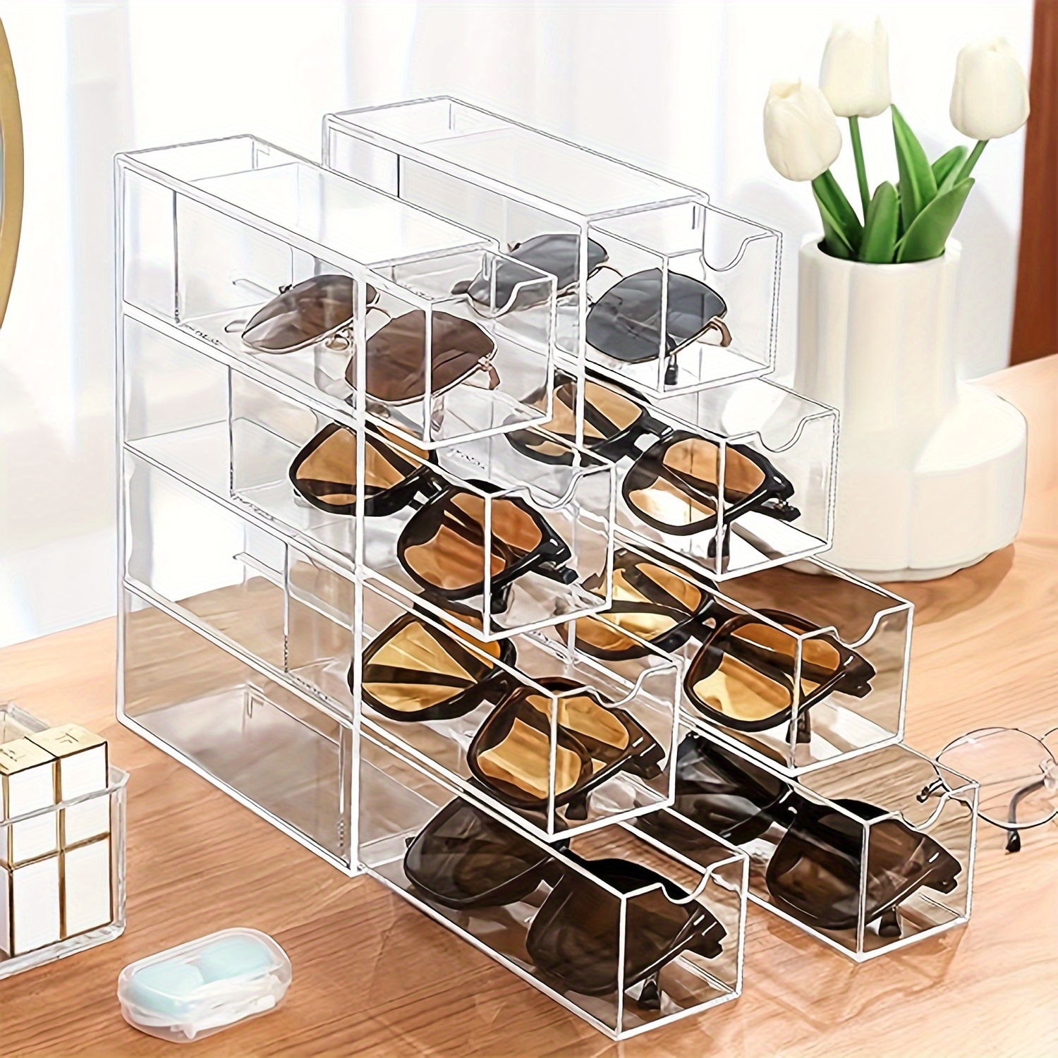 

Transparent Acrylic Sunglasses Storage Box With 4 Drawers For Women And Men's Glasses - Stackable Eyeglass Frame Display Box