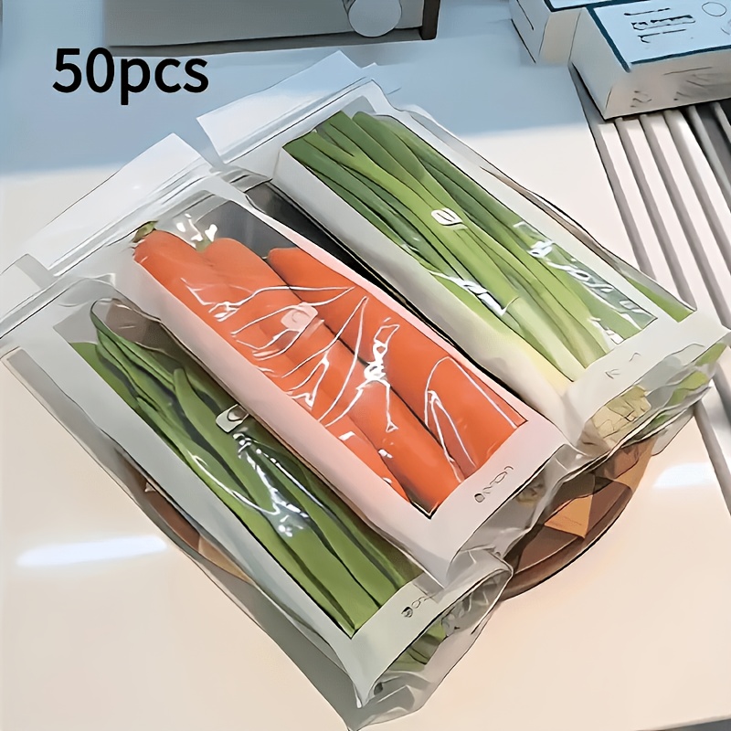 50pcs Long Strip Pe Material Sealing Bags (with Snap Buttons) | Fruit Vegetable Meat Grain Special -keeping Bag - Refrigerator Freezer Space, Transparent Durable Disposable Storage Bag