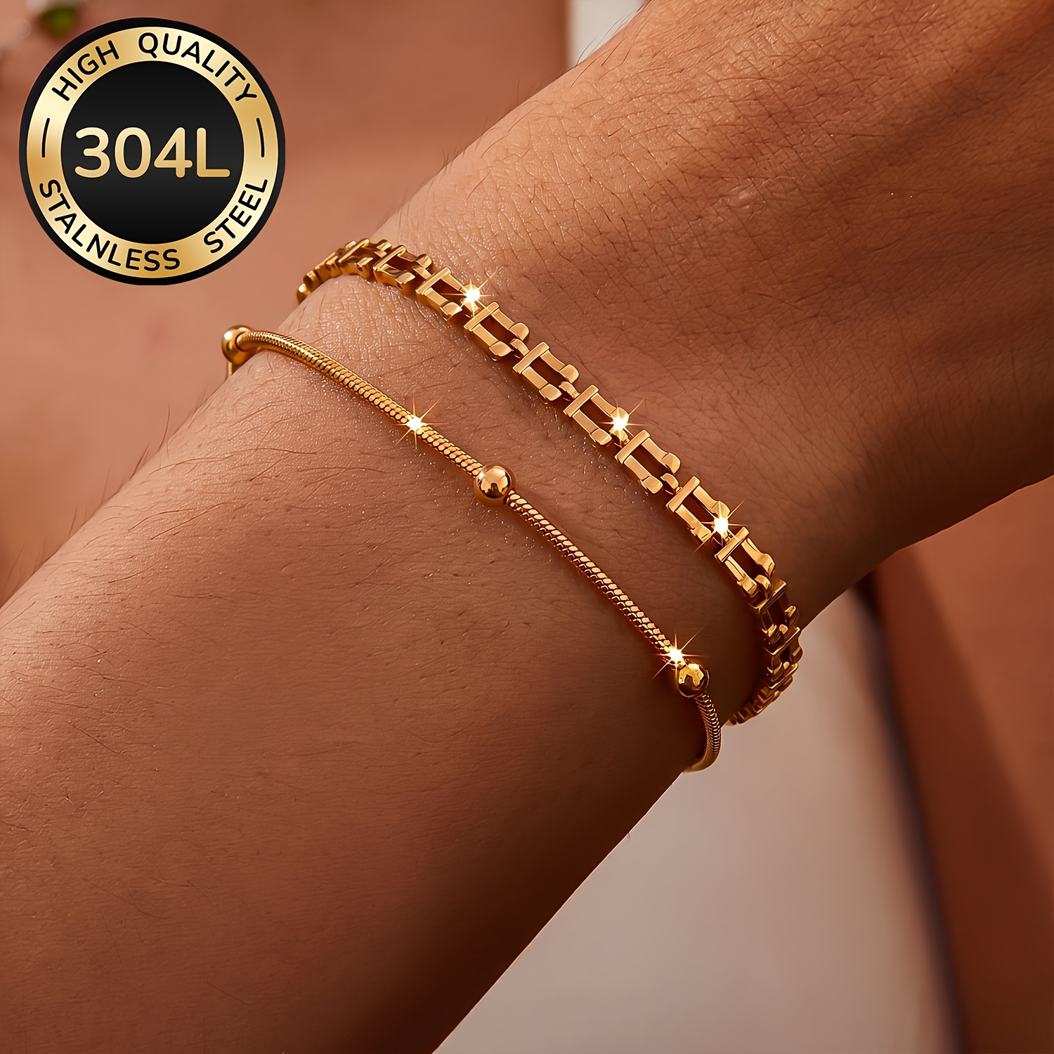 TEMU 2pcs Women's 18k Golden Plated 304l Stainless Steel Bracelet, Waterproof And Fade-resistant Women's Jewelry, Fashionable And Elegant Additions,