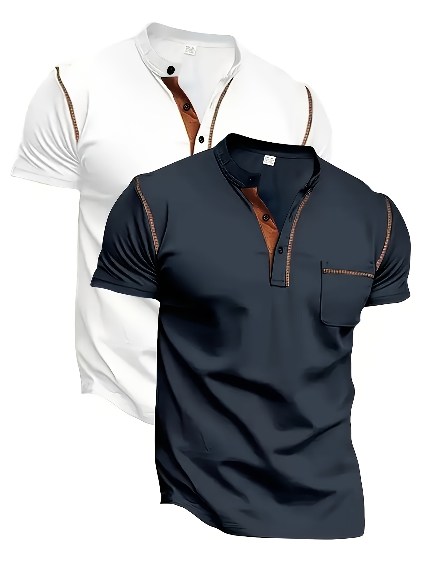     obm 2 pack mens casual summer henley with button   and chest   polyester blend   machine washable   versatile t shirt button   shirt smooth texture