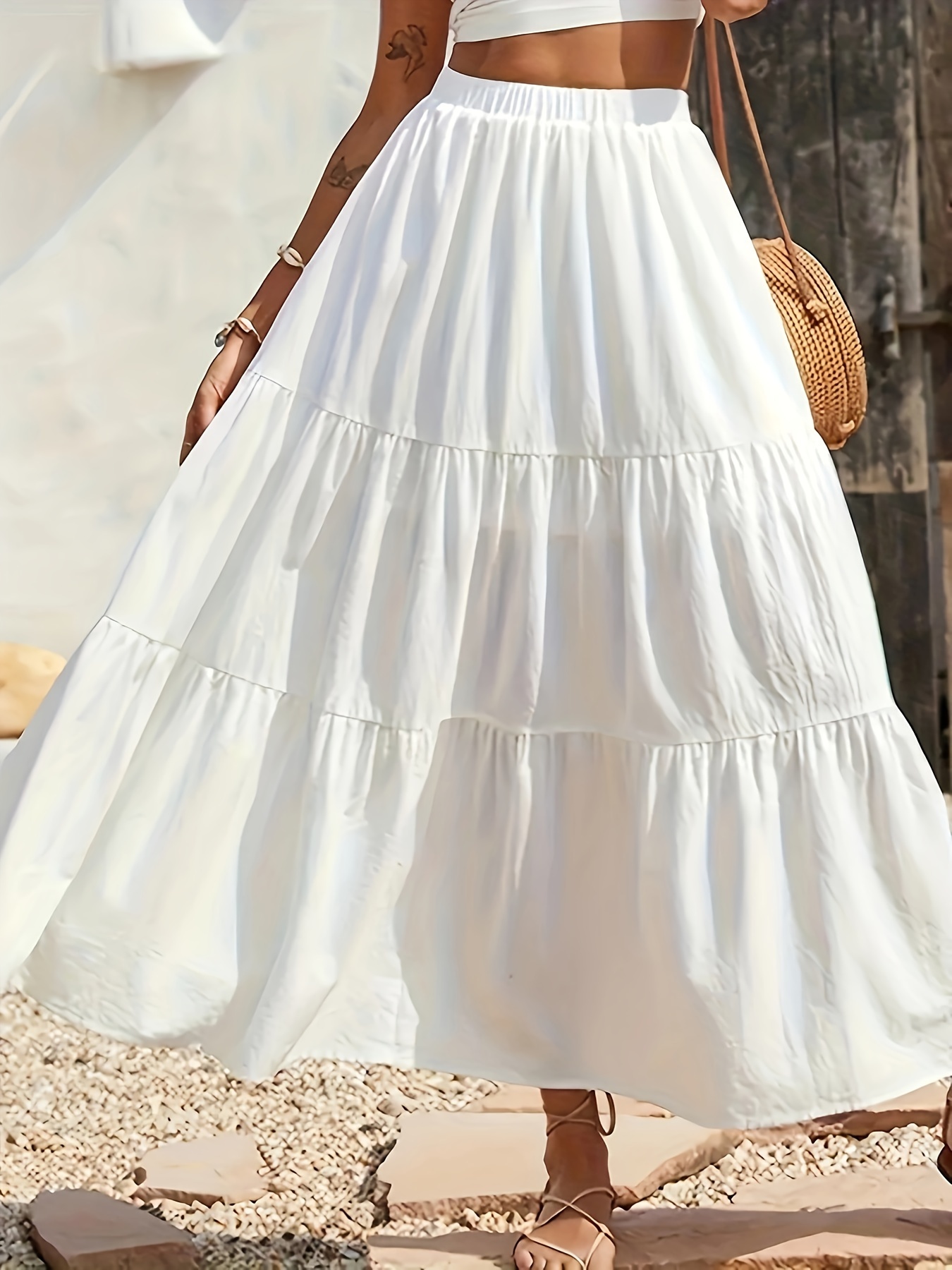 Plain Color Elastic Waist Skirt Vacation Style Tiered Hem A - Temu