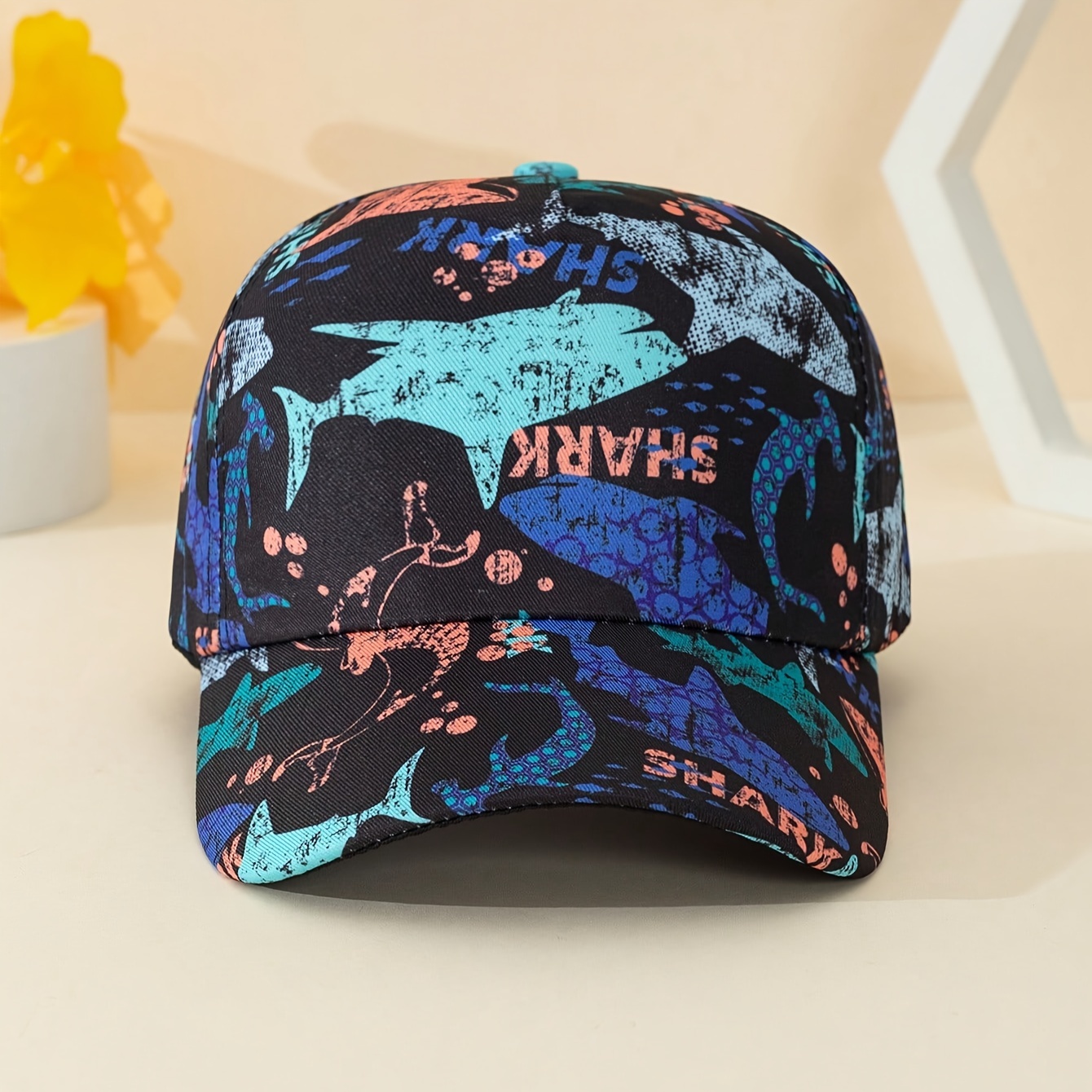 

1pc Shark Print Tie-dye Cute And Cool Black Baseball Cap For All Seasons, Suitable For Daily Wear, Outdoor Outings, Children's Day Gifts