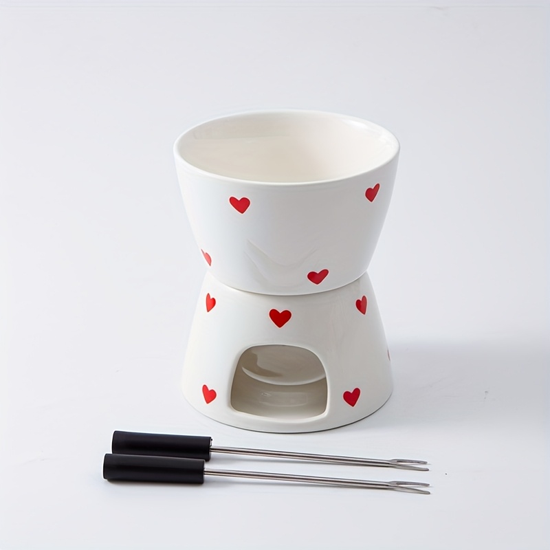 E-shop 1-tlg. Schokoladenfondue-Topf mit 2 Gabeln, niedliches Herzmuster Keramik-Butterwärmer-Set Schmelztiegel-Set, Schmelztopf-Schüssel-Set für Käse