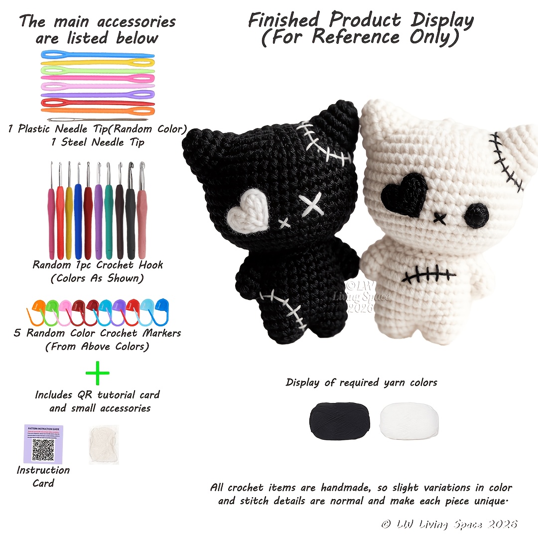 TEMU 2pcs Gothic Halloween Black Cat Crochet Kit, Dark Academia Yarn Set With Tutorials, Beginner-friendly Handmade Decor Piece, Unique Spooky Gift