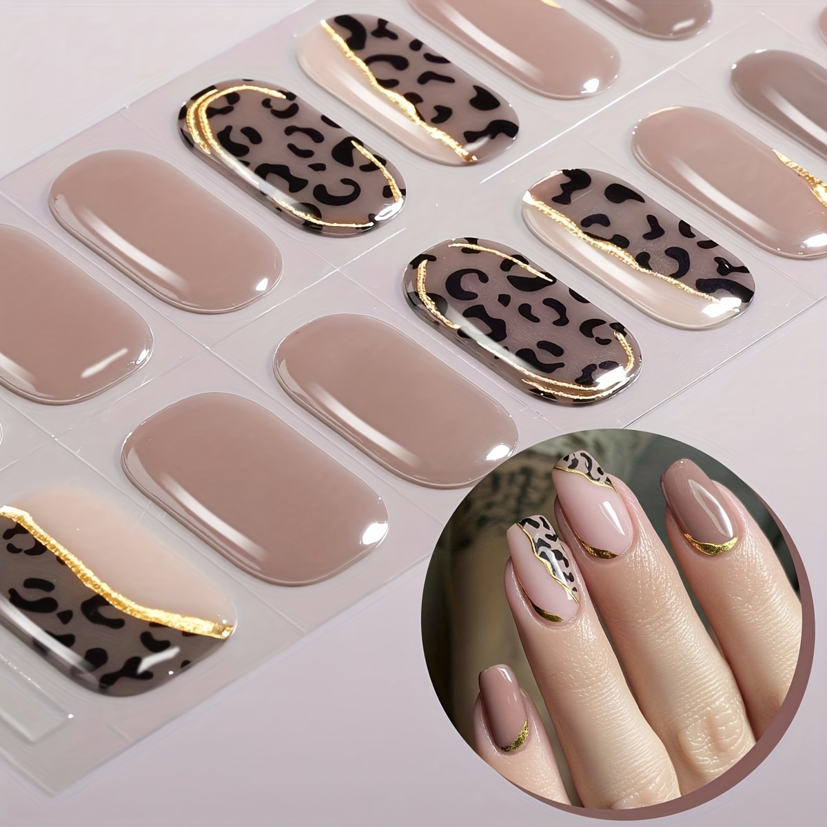 Image of 16pcs Leopard Print Semi Cured Gel Nail Strips, Brown- Gel Nail Full Wraps, Easy To Manicure, , Nail Stickers For Women Home Diy