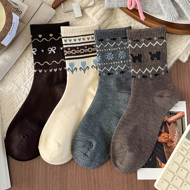 TEMU 4 Pairs Fair Isle Style Mid-calf Socks, Early Autumn All-match Socks, Men Women Retro Ethnic Chunky Socks, Suitable For Autumn Styling (random
