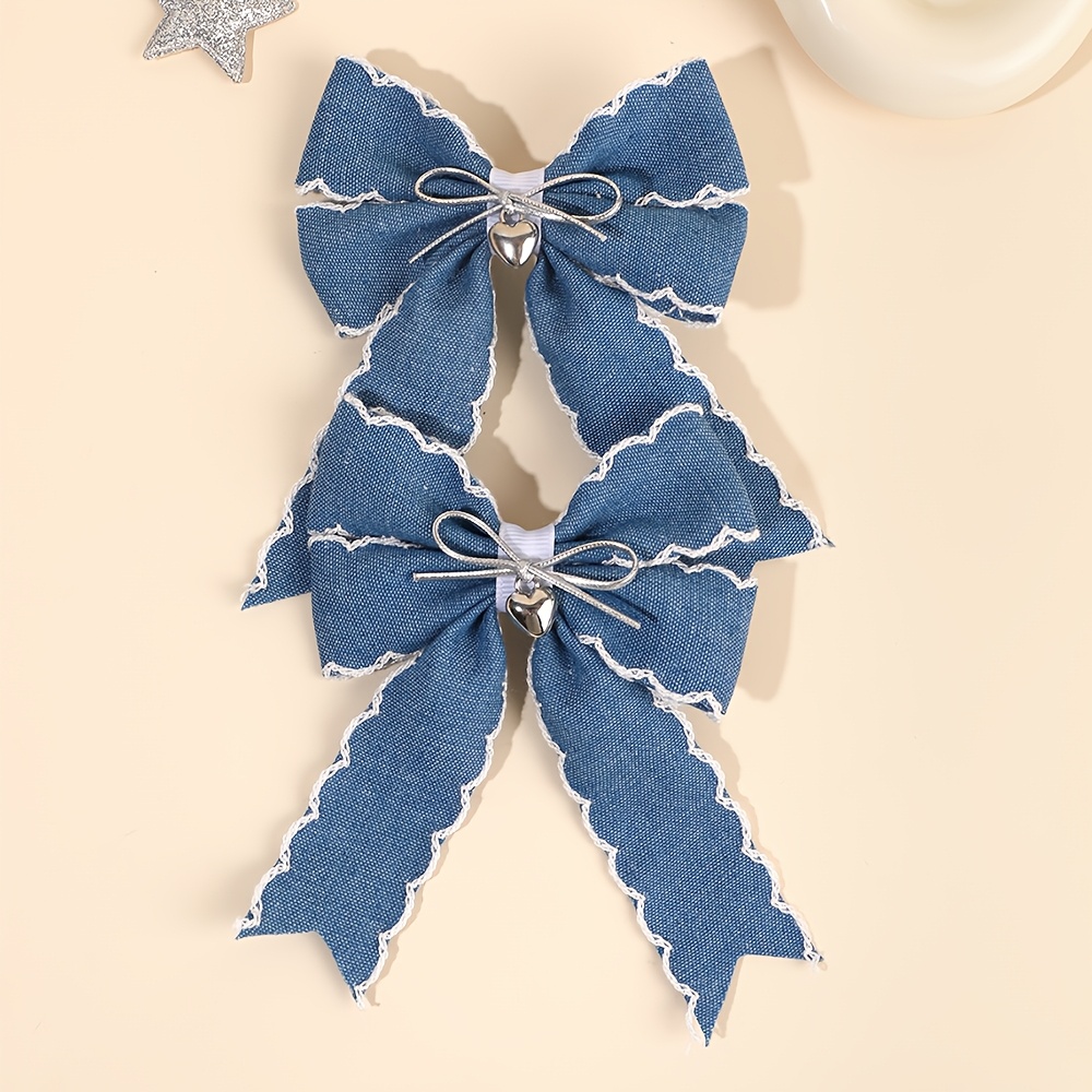 TEMU 2pcs Elegant Denim Hair Bow Clips For ' Daily Life, Silvery Heart Decor Bow Hair Barrettes For Gifts, Retro Lace Hair Bow Additions For Casual