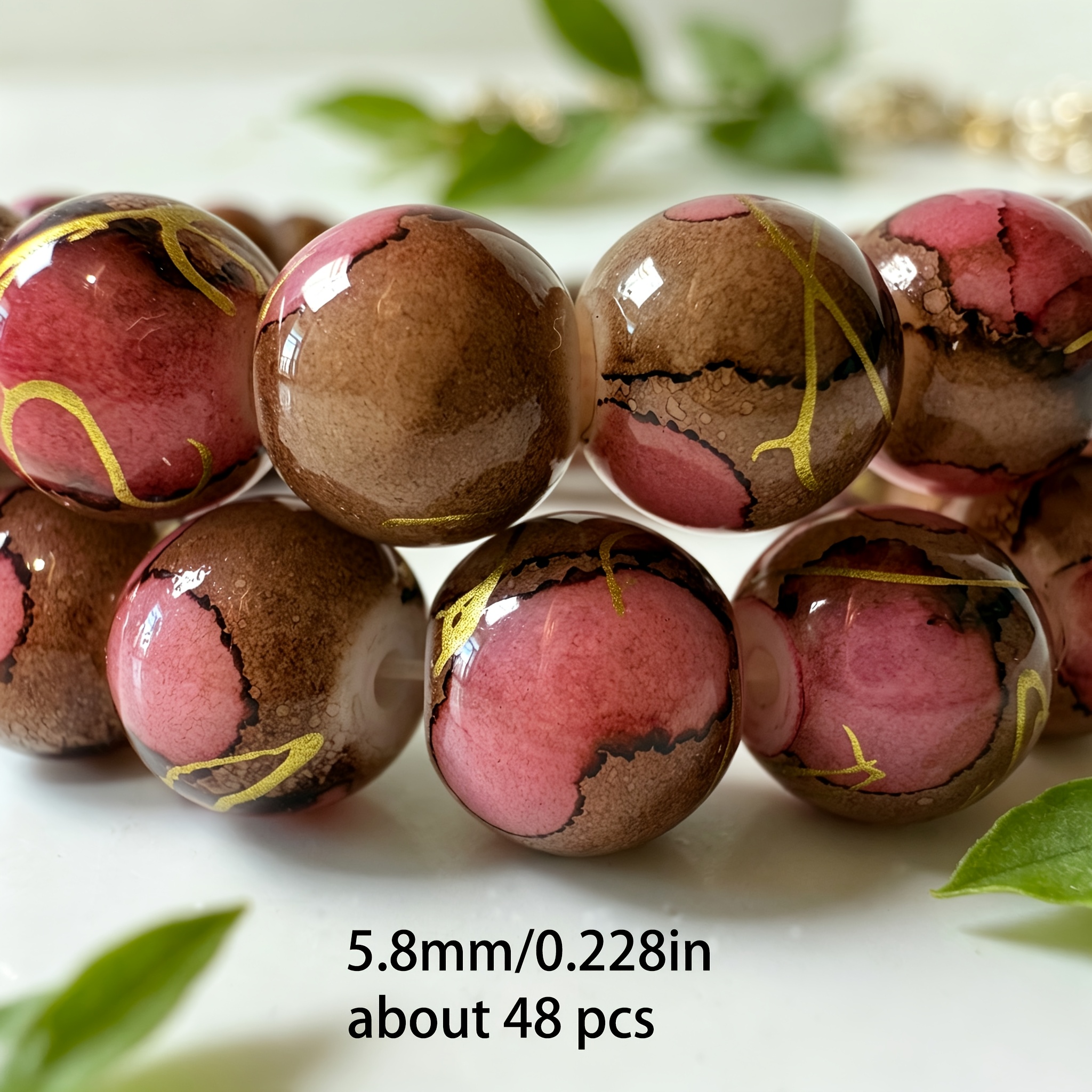 TEMU Beads And Bead Assortments 48/32/27pcs Pink Coffee Gradient Golden Brushed Glass Material Spherical Beads 5.8/7.8/9.8mm Exquisite With Holes
