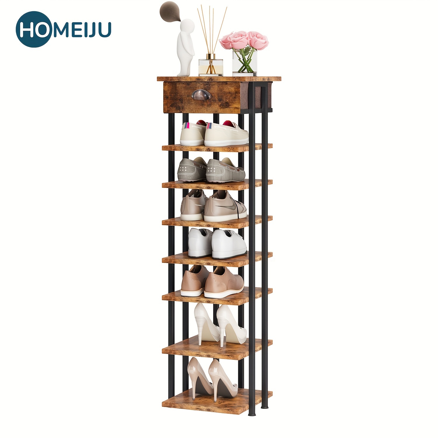 

Shoe Rack Organizer, 8-tier Vertical Shoe Rack, Wooden Shoes Rack For Entryway, Narrow Shoe Rack Shoes Storage Organizer With Wooden Top & Drawer For Entryway, Hallway, Rustic Brown