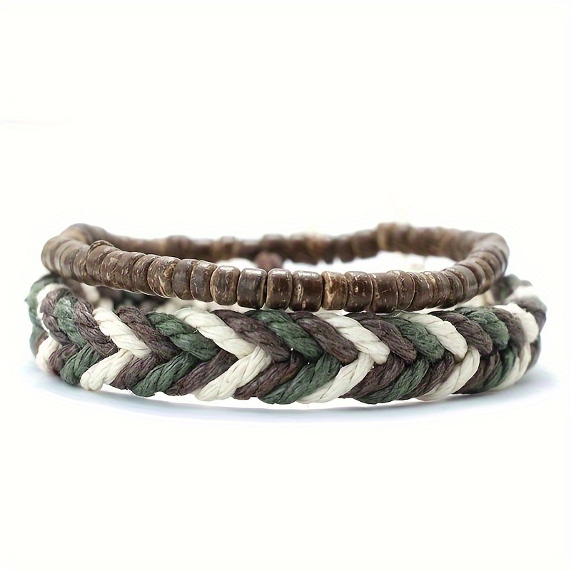 TEMU 2 piezas Vintage Estilo Étnico Cuentas de Madera Natural Apiladas Tejidas Brazalete de Cuerda de Set de Pulsera Brazalete Hombre Bohemio Pareja