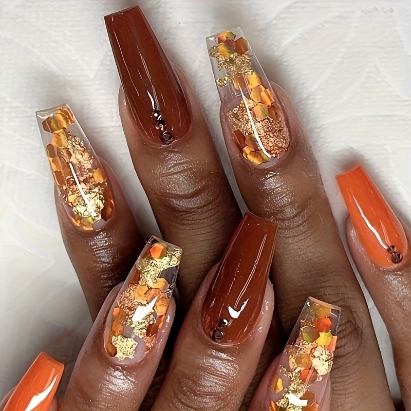 

Beautiful Autumn And Leaf Glitter Wearable Nail Tips, 24 Finished Pieces Of Removable Artificial Nails