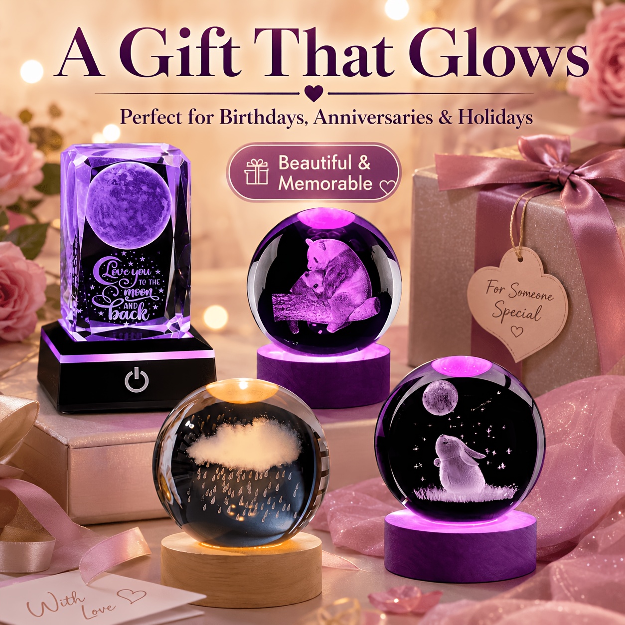 TEMU 3d Crystal Ball Set Of 4: 1 ) Rgb Color Led Lighted, Laser-engraved Glass Ball, For Photography Decor, Unique Gifts For Kids' Birthdays, And
