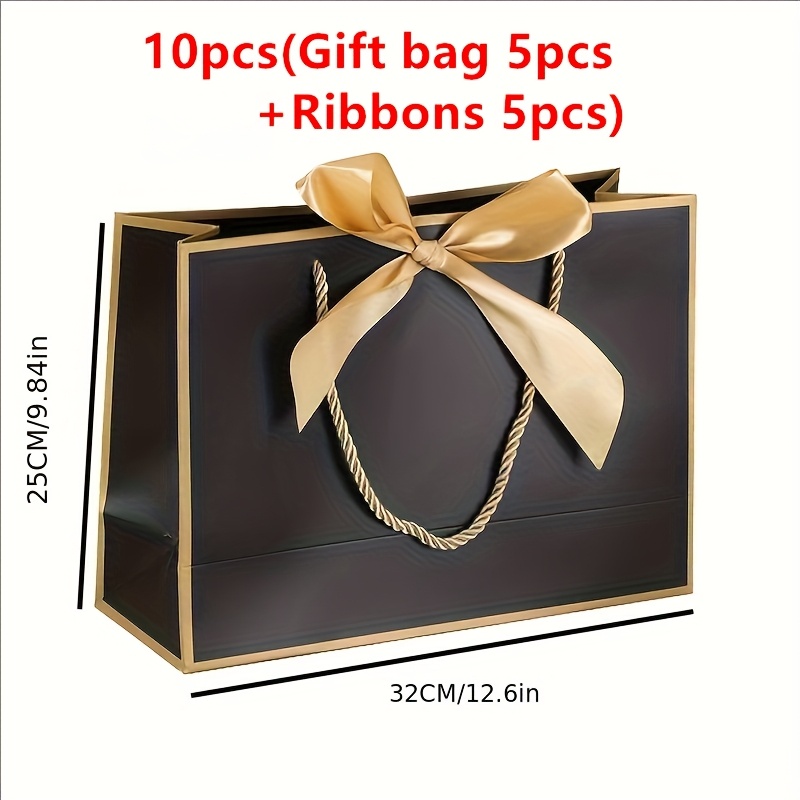 Image of Gift For Her/him 10pcs (5 Golden Ribbons + 5 Black Gift Bags) Golden Bowknot Gift Bags With Handles, In 3 Sizes (large, Medium, Small), Suitable For Birthday, Wedding, And Party Gift Wrapping