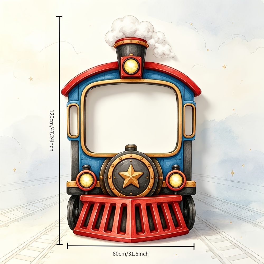 TEMU 1pc, Bannière Photo Visage Creux Train à Vapeur Rétro, Fond Photo Impression Train Dessin Animé Étoile Dorée, Fête de Noël, Fête d'Anniversaire,