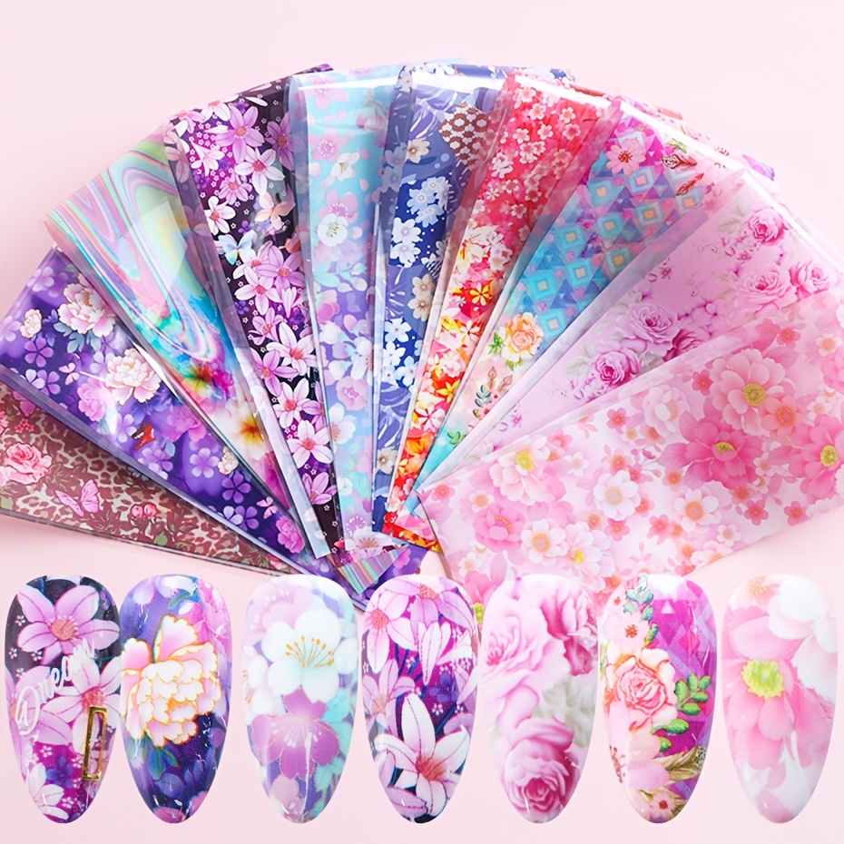 

10pcs Vibrant Floral Nail Art Transfer Paper - & Blooming , Accents For Women's , Disposable, Easy To Apply, Nail Accessories