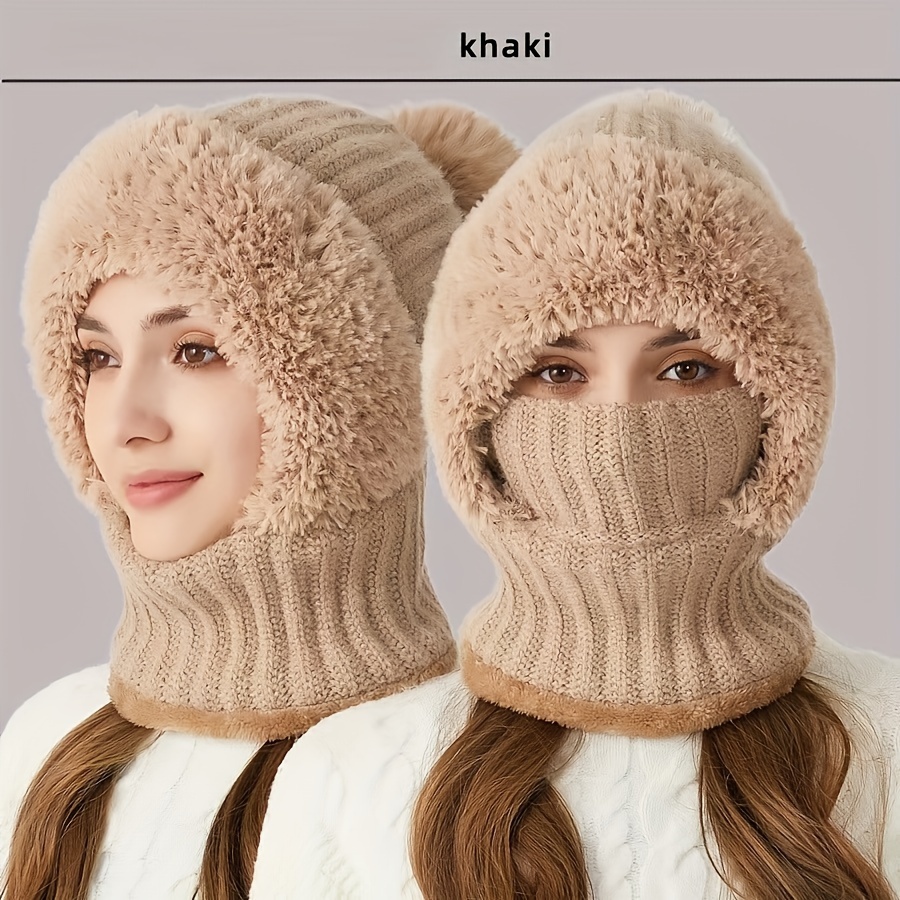 Winter Fleece Lined Hat With Ear Flaps, Windproof Warm Hooded Neck Gaiter, Suitable For Outdoor Cycling
