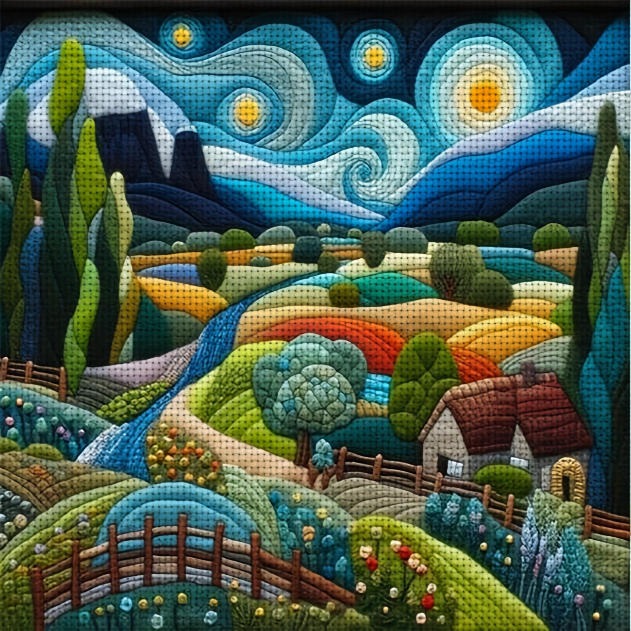 TEMU 1pc Printed Diy Stitch Kit, Frameless, "felt Art Collage Country Starry Sky" Pattern, Beginners' Relaxing Craft Time, Allows You To Experience