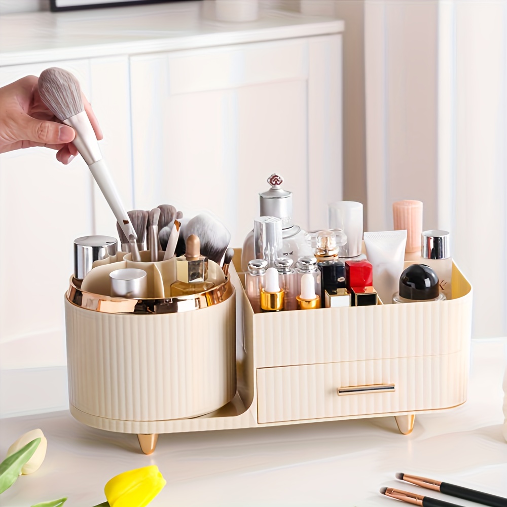 TEMU 1pc Growsun Pvc Cosmetic Organizer With 360-degree Rotating Brush Holder, Large Capacity Countertop Makeup Storage With Drawers, Unisex Adult Skincare Display Case For Vanity, No