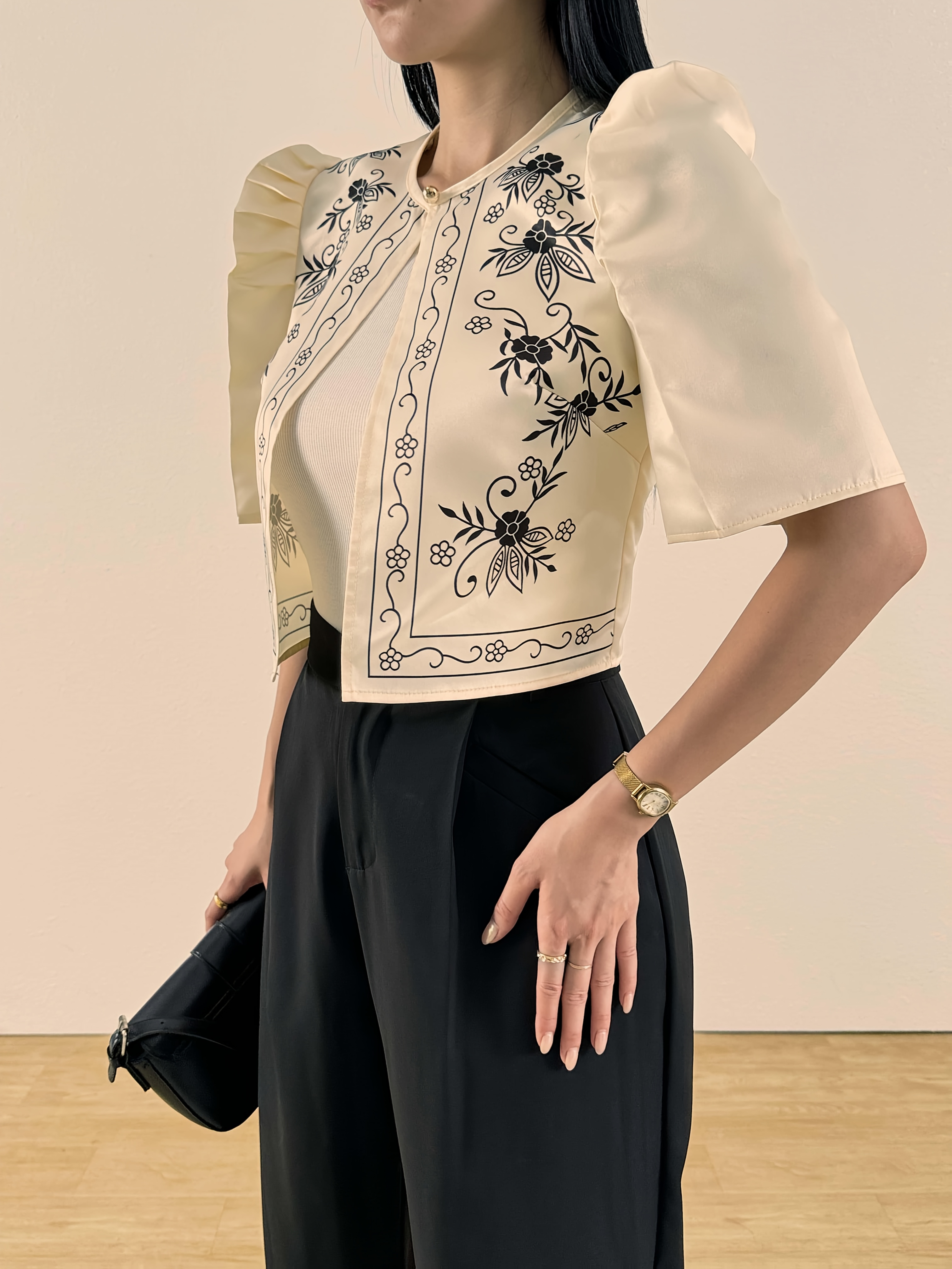 item picture elegant business floral print short sleeve shirt for women lightweight 100 polyester semi sheer round neck machine washable summer office casual top