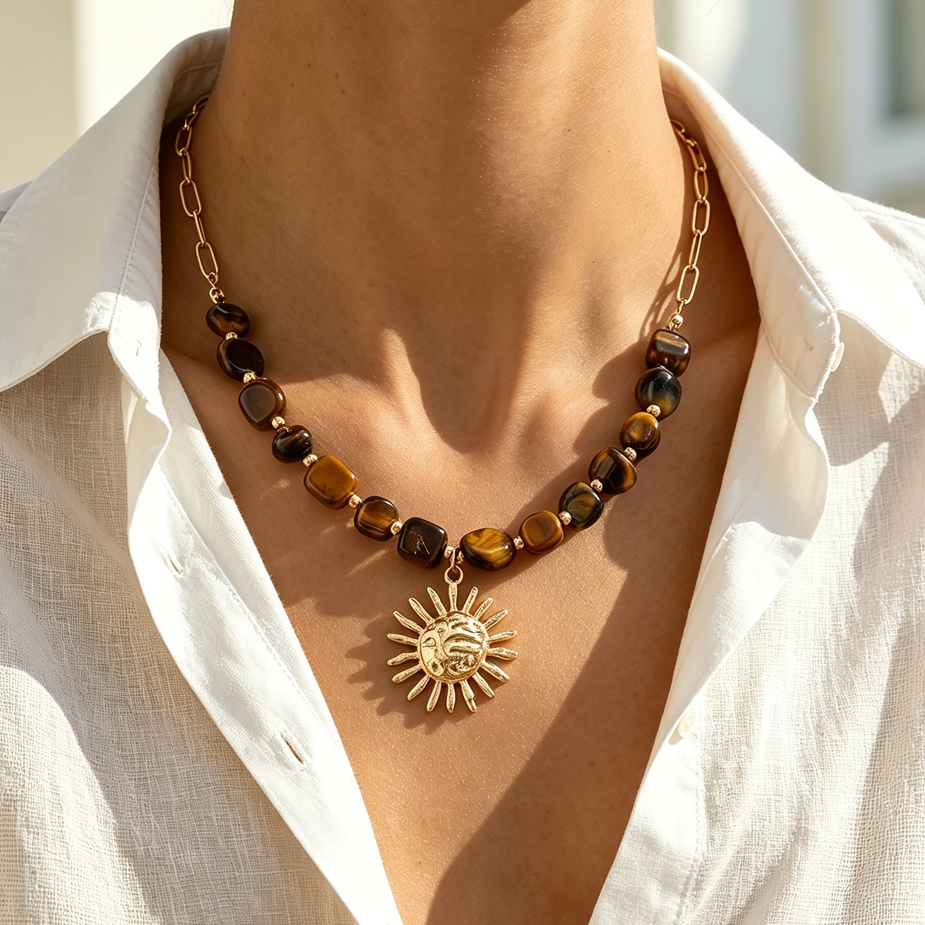 TEMU 1pc Of Vintage Versatile Mallard-colored Textured Sunflower Pendant Necklace With An Adjustable Chain, Women's Neck Jewelry Suitable For Travel,