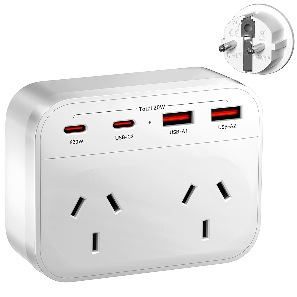 TEMU Eu Travel Adapter With 4 Usb Charger, Australia To Europe Travel Adapter - Usb-c Outlet Adaptor , European Travel Adapter For Bali Spain Germany