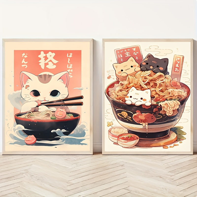 TEMU Lot de 2 Peintures sur Toile Kawaii de Ramen Japonais, Affiches et de Chat Animal, Art Mural de Nourriture à la Noodle, Convient pour la