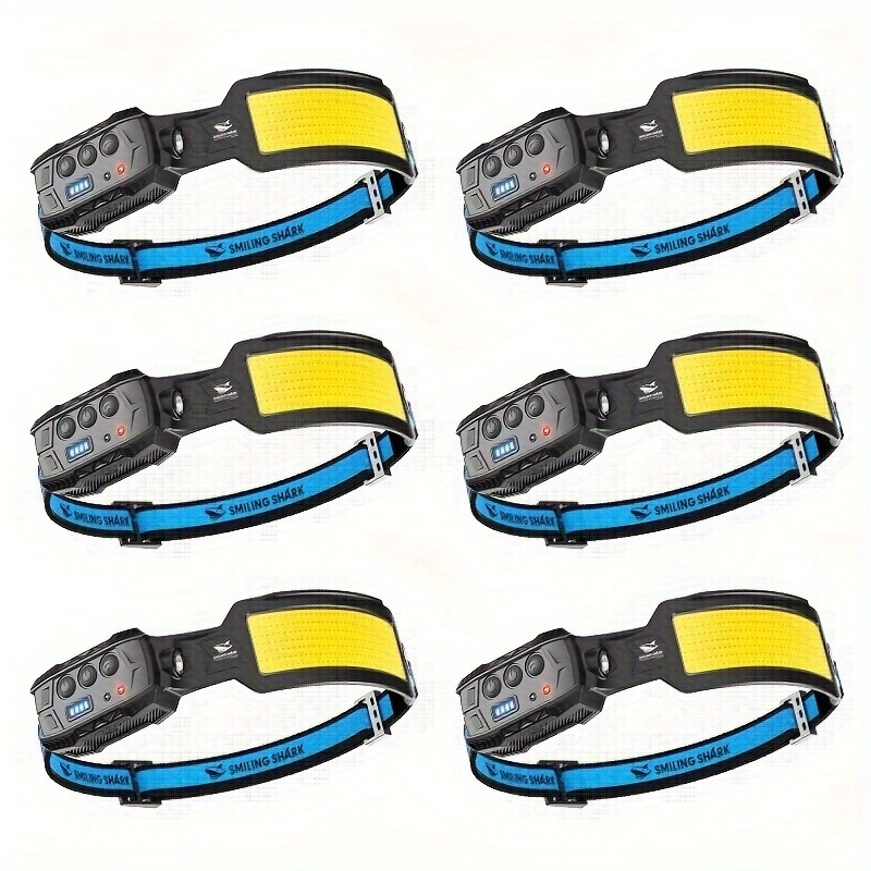 TEMU Smiling Shark Headlamp, 4&6 Pack Head Lamp Led Rechargeable 6 7*white Lights 270° Lighting Width Motion Sensor Light For Camping Fishing Running Repairation, Rechargeable Light