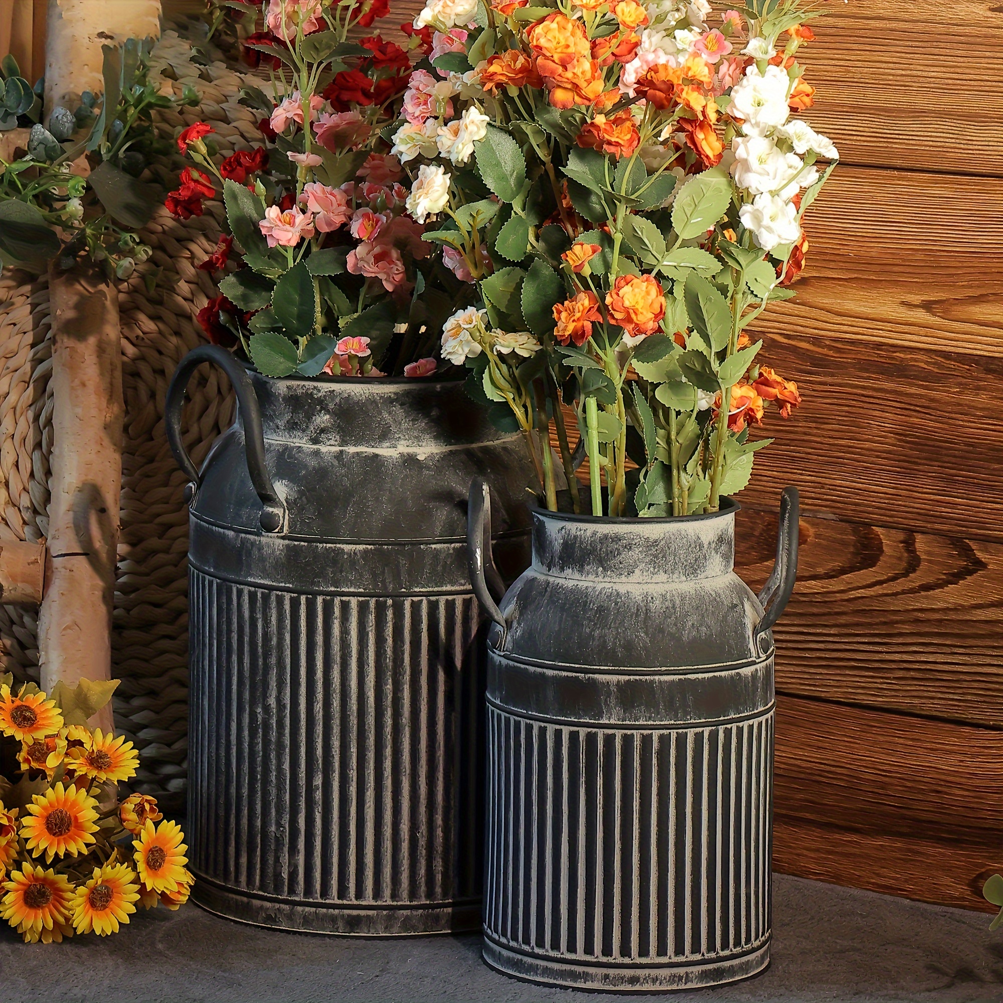 

2pcs Vintage Rustic Metal Flower Buckets - Striped Farmhouse Style, Round Cylinder Design, Cast Iron With Wooden Handles For Home Decor, Ideal For Fresh And Dried Flowers