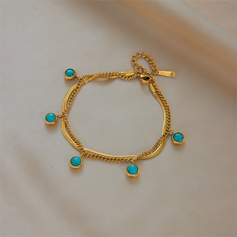 Boho Style Double Layer Turquoise Pendant Bracelet with Stainless Steel Chain
