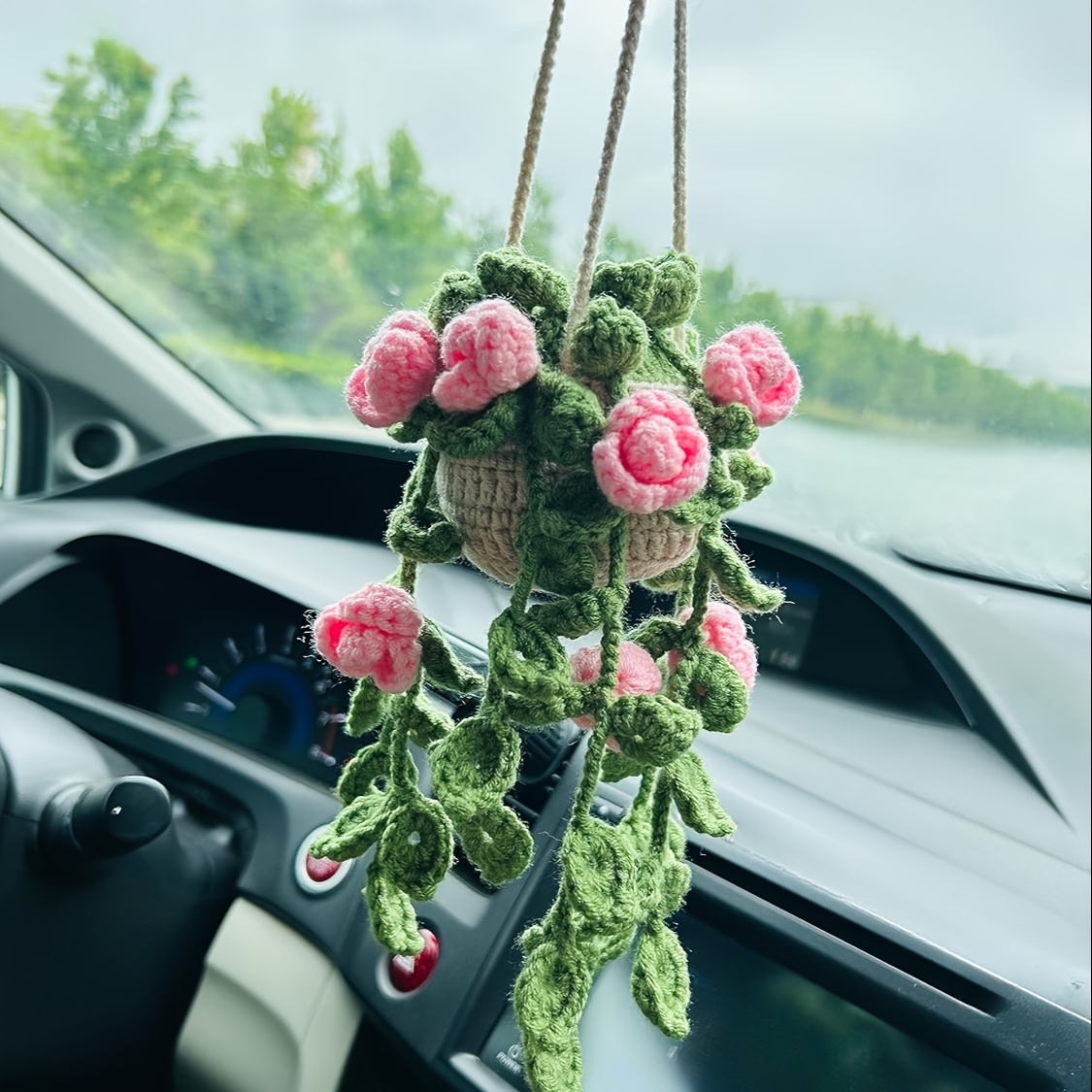 TEMU Handmade Crochet Flower Car Mirror Hanging Decor - Vibrant Colorful , Fit For Rearview Mirror, Car Interior Accessories For , Car Mirror Hanging