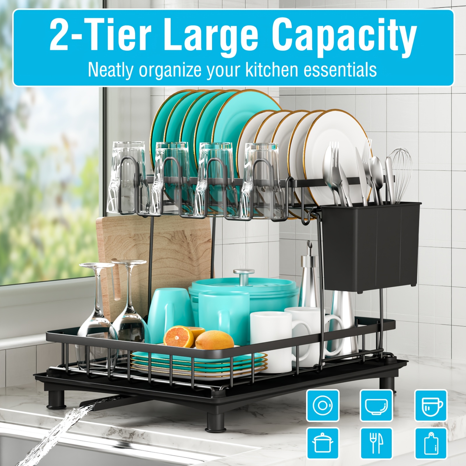 TEMU Kitchen Dish Drainers, Dish Drainer Dish Rack, Dish Drying Rack, 2 Tier Dish Rackfor Kitchen Counter, Dish Racks For Kitchen Counter With , Dish