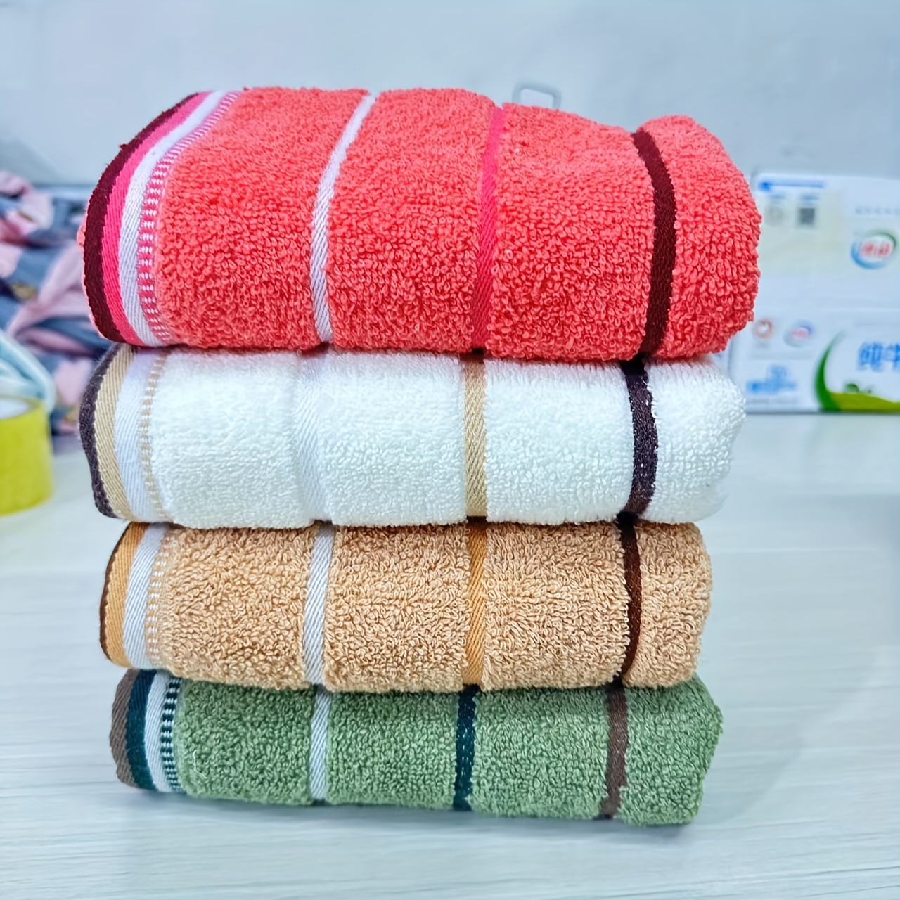 TEMU 4pcs Cotton Hand Towels Set, 33x74cm/12.9x29.13in, Soft Absorbent, Striped Thick Bath & Face Towels For Adults, Hand Towels