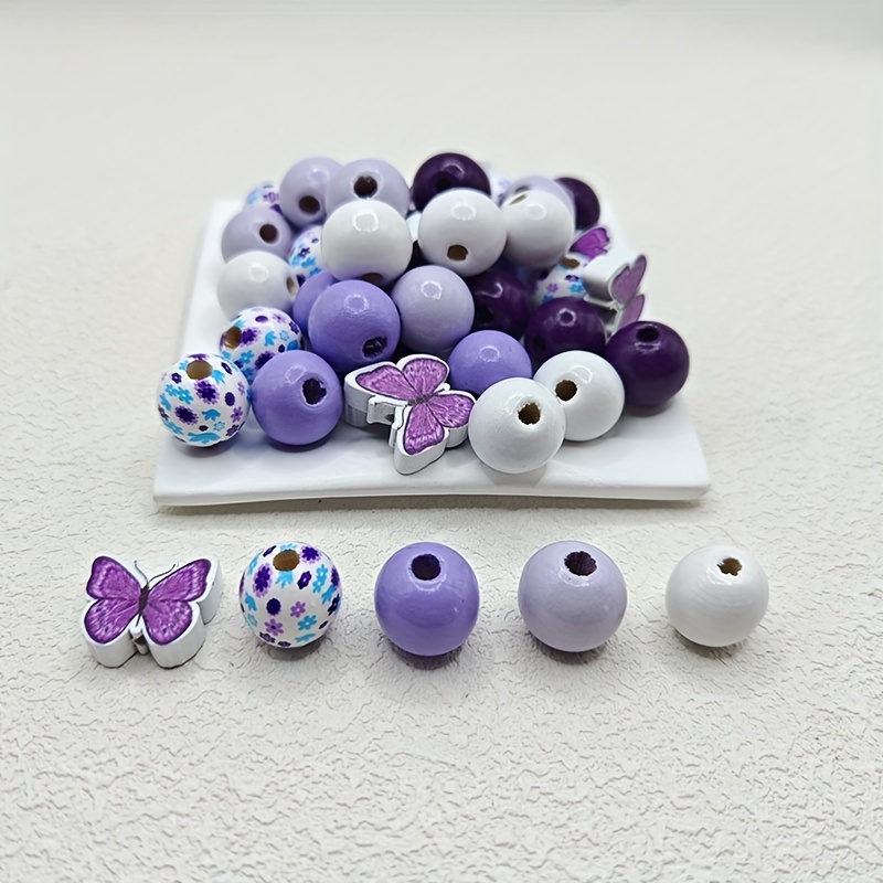 

60-piece Purple Butterfly Wooden Beads Set - Polished & Printed For Diy Jewelry, Home Decor Crafts - Durable & Fade-resistant Beads For Jewelry Making Spacer Beads For Jewelry Making