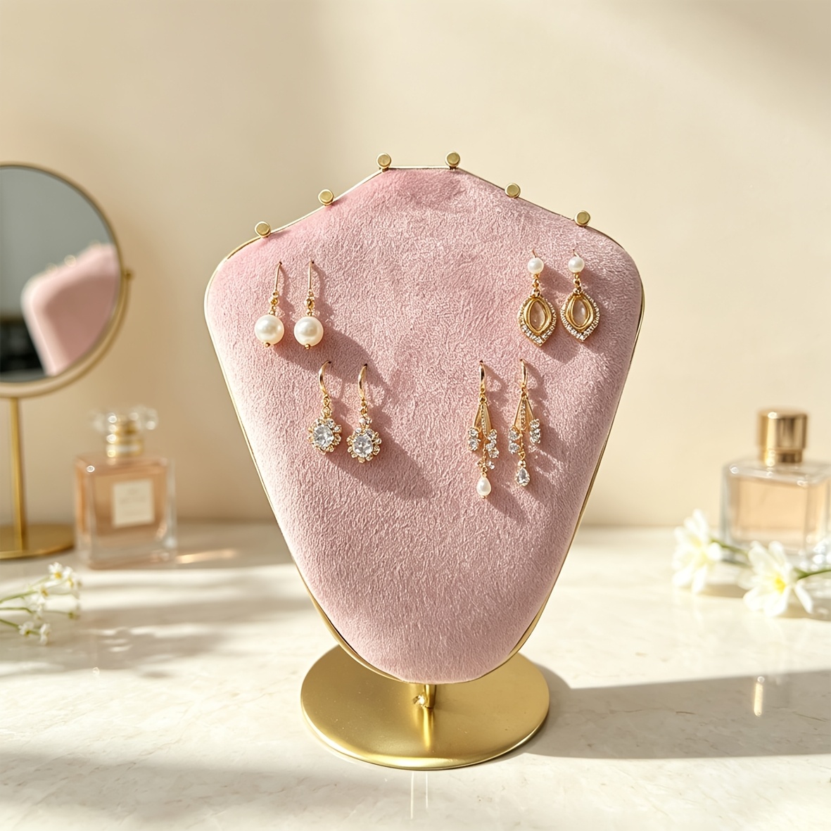 Roze Velvet Oorbel Display Standaard, Luxe Metalen Sieradenhouder met Parelrand, Sieraden