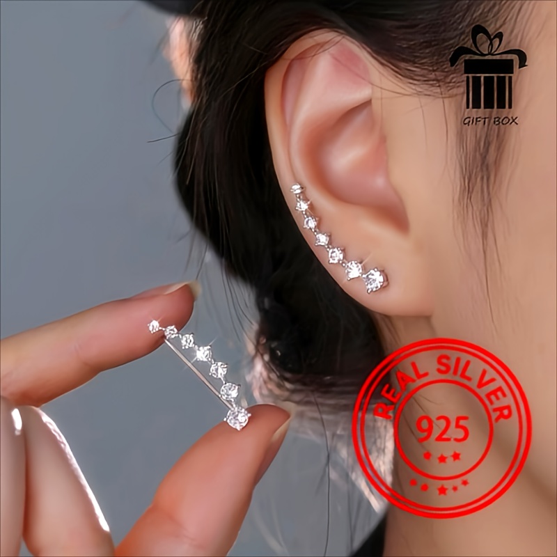 

S925 Sterling Silver Crawler Earrings, Zircon Decor Shiny Ear Bone Stud Long Earrings Jewelry 1 Pair, Perfect For Women Festival Jewelry Gifts For With Gift Box 2.3g/0.08oz