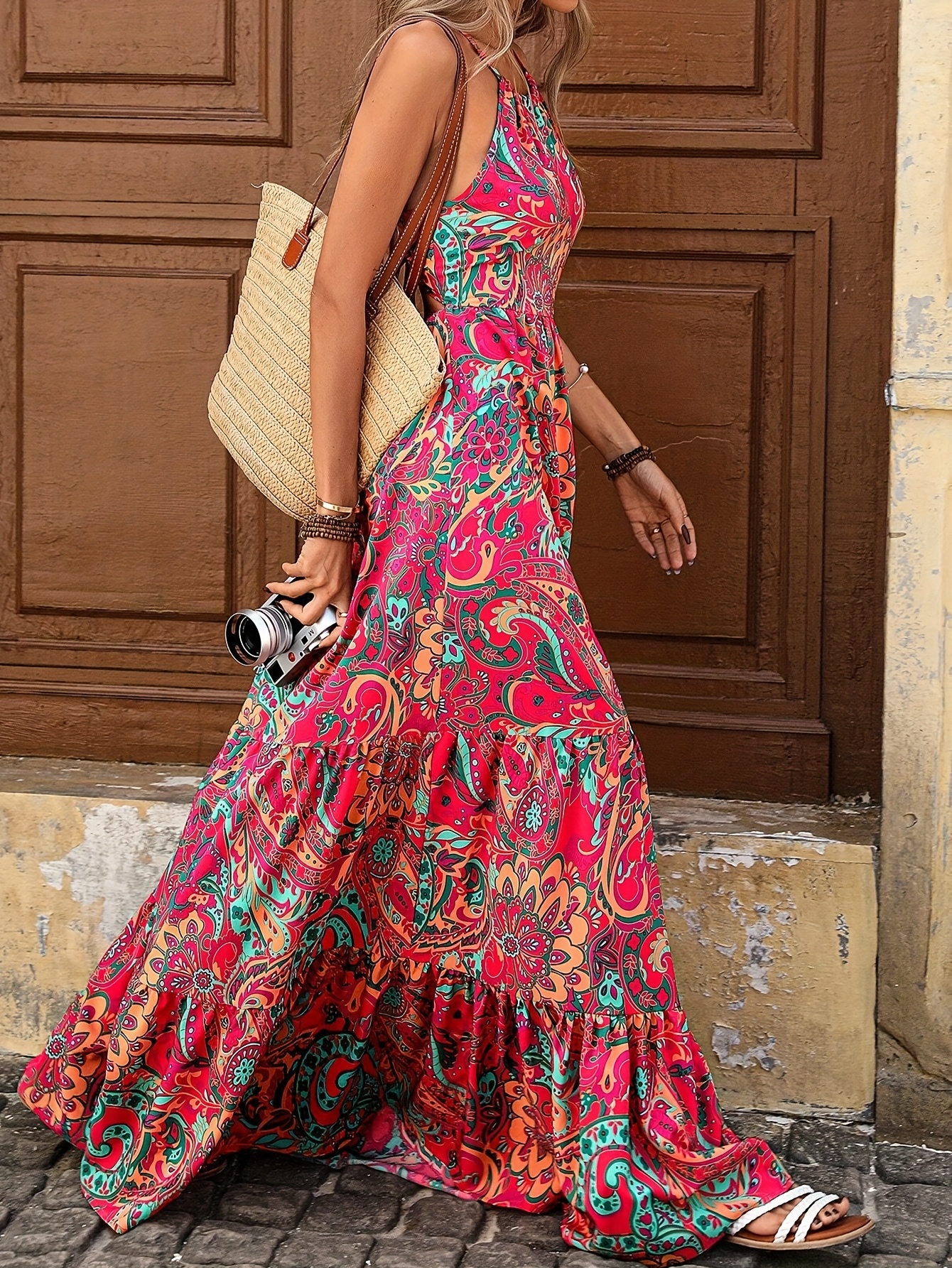 summer womens thin strap print maxi dress women's clothing - Temu Qatar