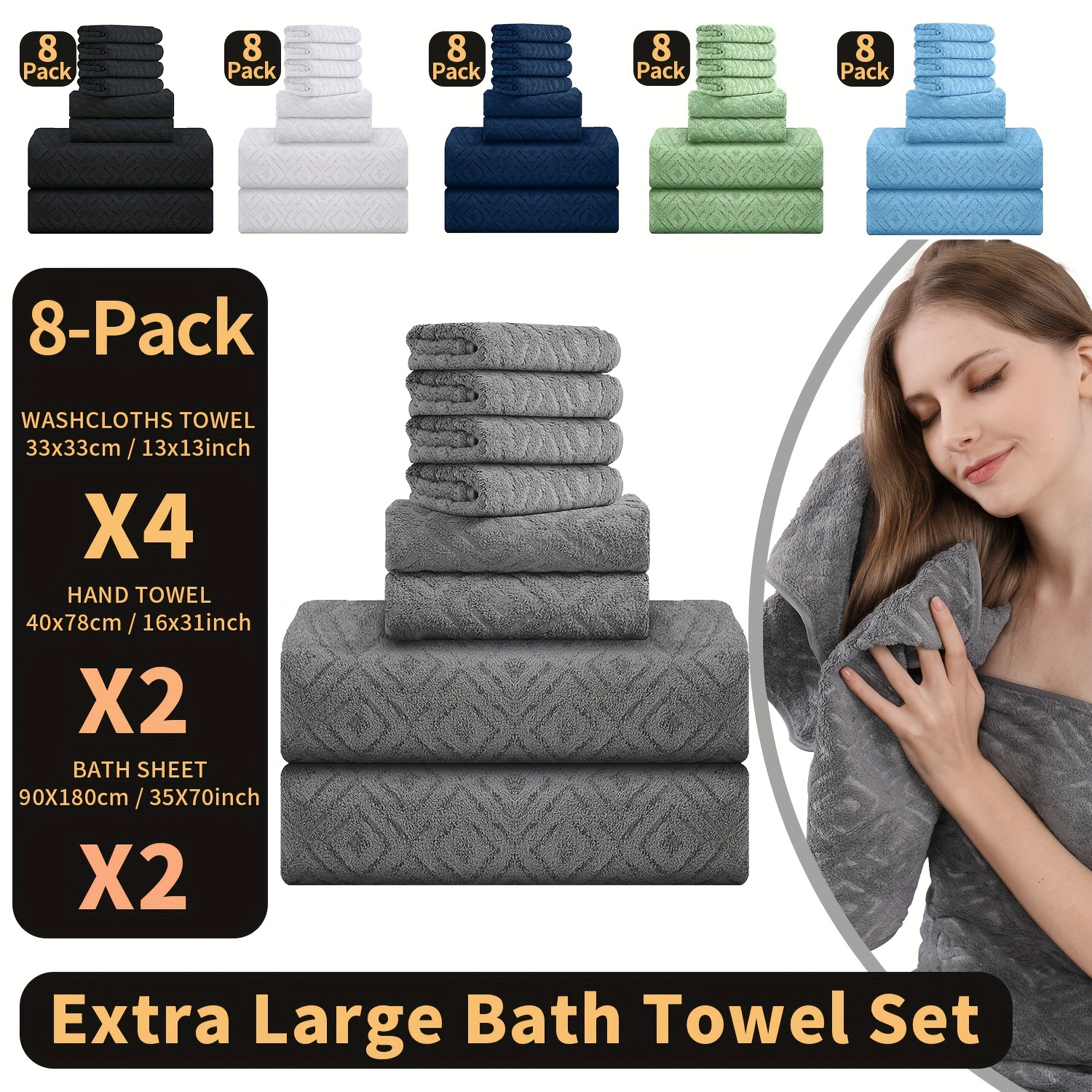 

8 Piece Oversized Bath Towels, 35 X 70 Inches Bathroom Towel, Super Soft, Highly Absorbent, Quick Dry, 600gsm, Includes 2 Large Bath Towels & 2 Hand Towels & 4 Towels For Spa Bathroom Gym Hotel
