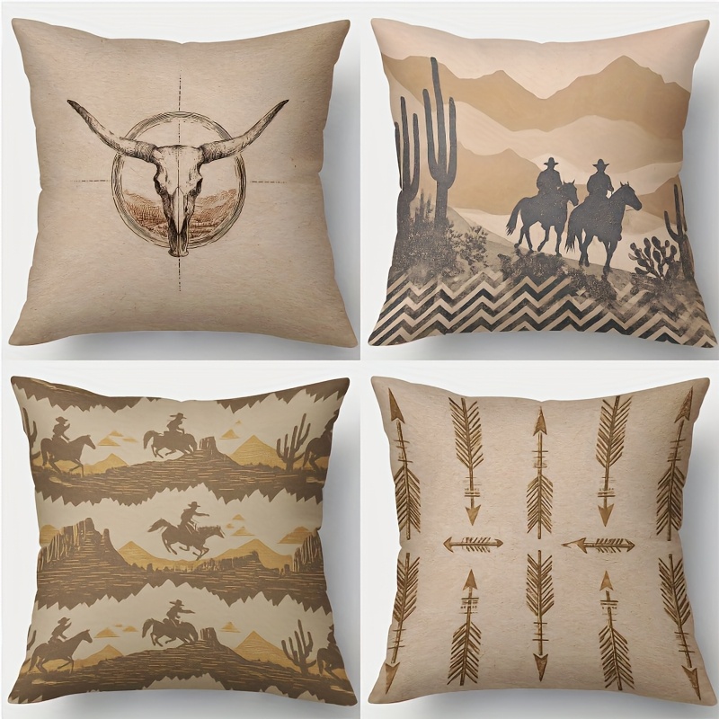 TEMU Lot de 4 taies d'oreiller, impression 2D à plat, le motif un crâne de vache, un à cheval, un cactus du désert, une flèche, style américain