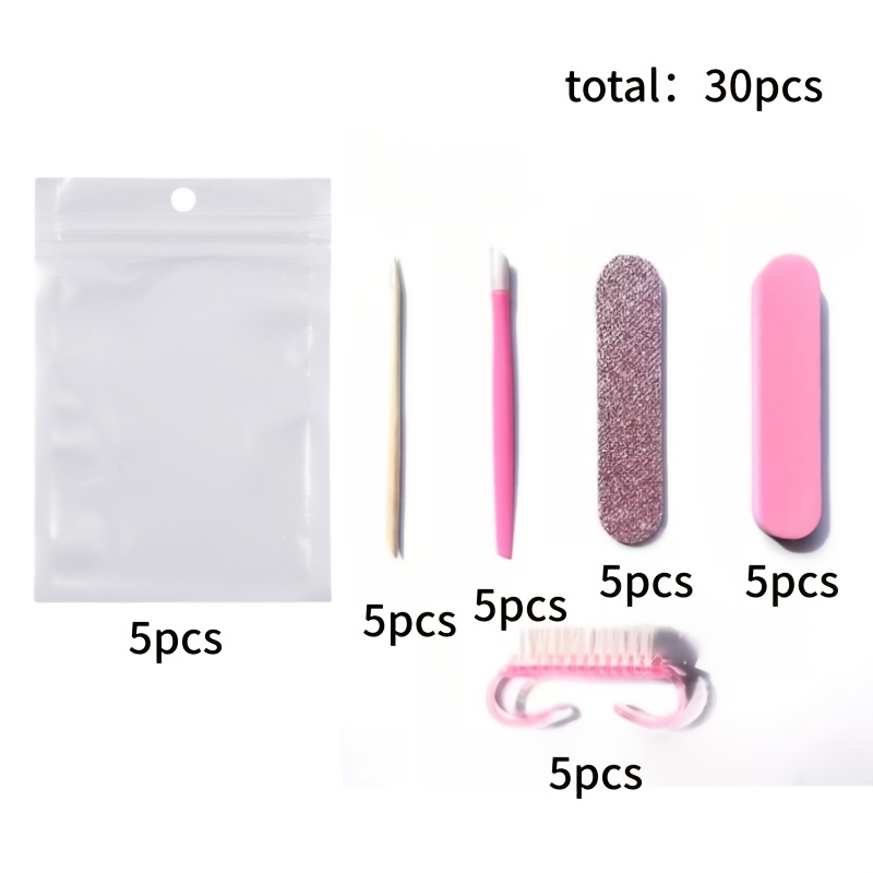 TEMU 5pcs Nail Art Set With Mini Nail Files And Pink Cuticle Sticks, Including 5 Double-sided Nail Files, 5 Wooden Sticks, 5 Push Sticks, 5 Polishing