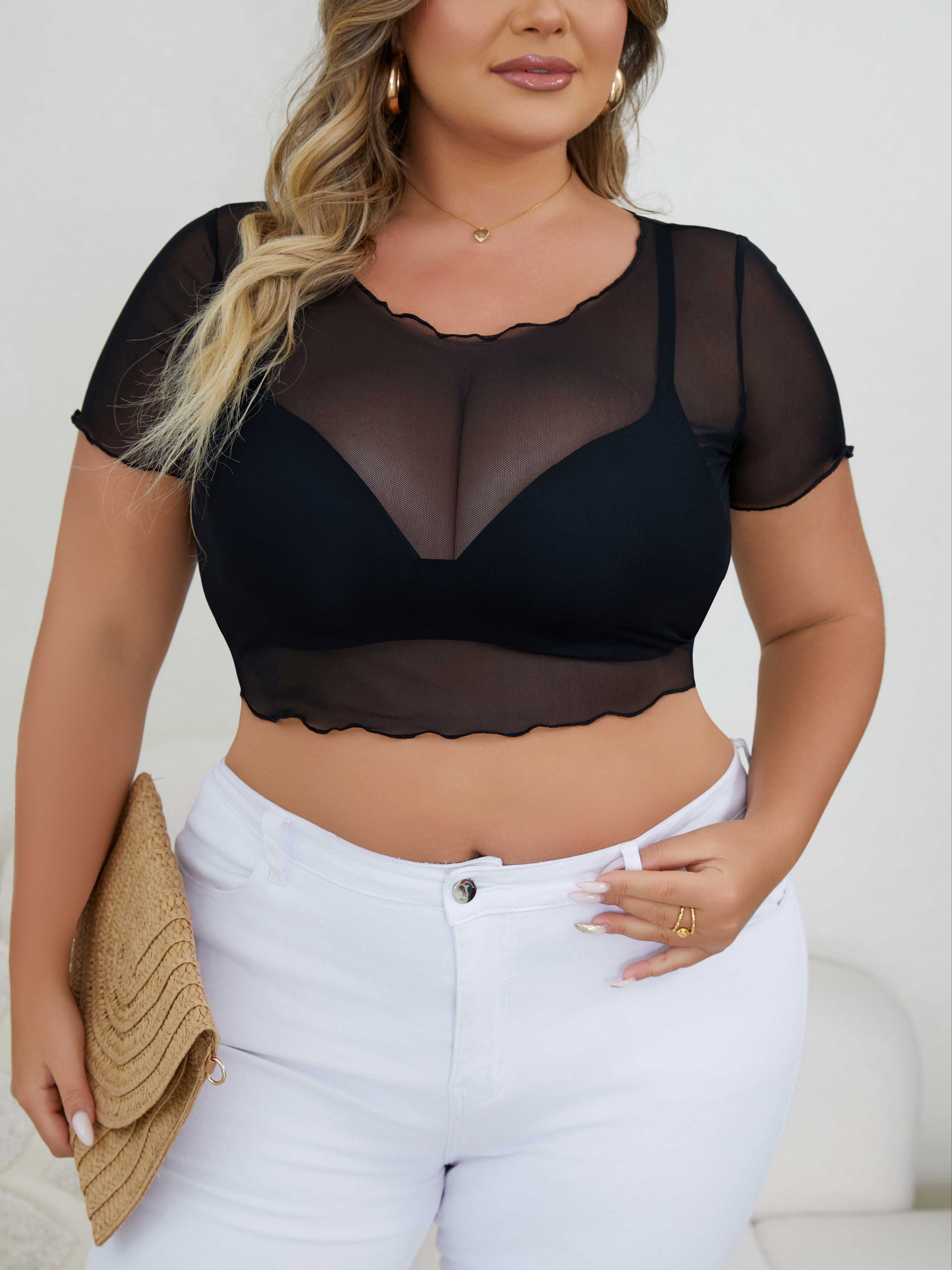 plus size lettuce trim mesh t shirt casual crew neck short sleeve crop t shirt womens plus size clothing black 0