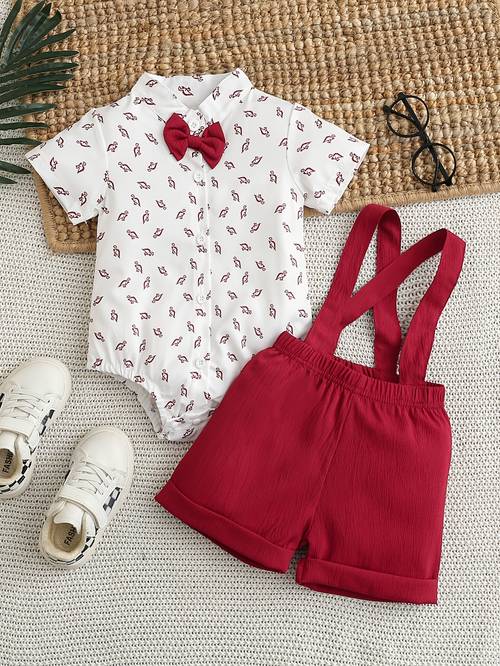 baby frock set all over dinosaur short sleeve bodysuit matching fixed bow tie and ruched texture overalls shorts suitable for party occasion frock 2pcs set for outdoor