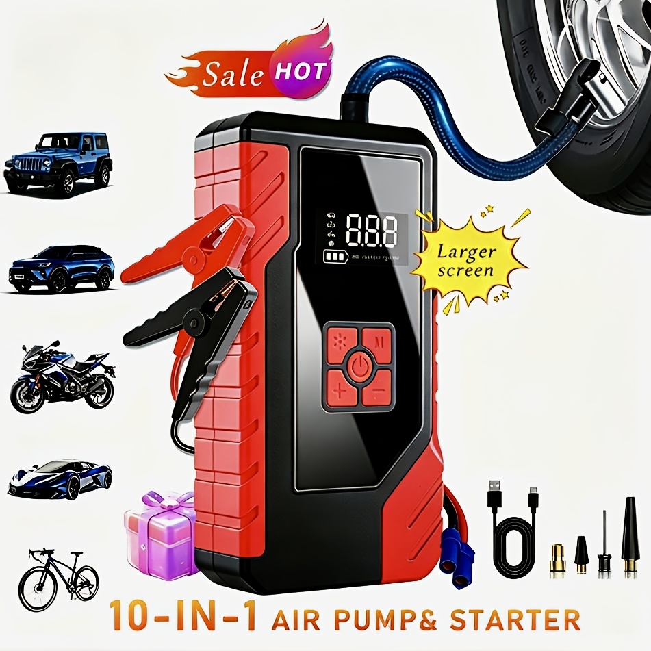 TEMU Démarreur de portable 10-en-1 15000A Pic 250PSI 14,8V avec compresseur d'air, chargeur de batterie de voiture, démarreur de avec pompe à air,
