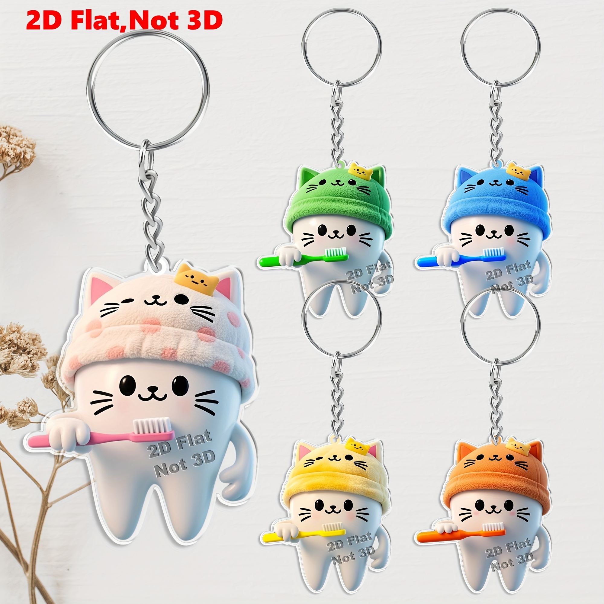 TEMU 2d Flat, 5pcs Cute Tooth Acrylic Keychain - Decoration For Backpacks, Car Mirrors, Home Walls, Phone Straps, And Keys - Perfect Gift For Family,