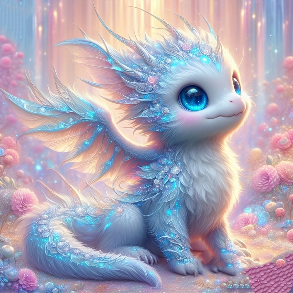 Image of Beautiful Little White Dragon Painting Tools For Adults, 5d Supplies For Beginners, Featuring Round Diamond Gems For Home Wall Art Decoration Gifts, Including Artworks, Crafts, And Sewing Supplies