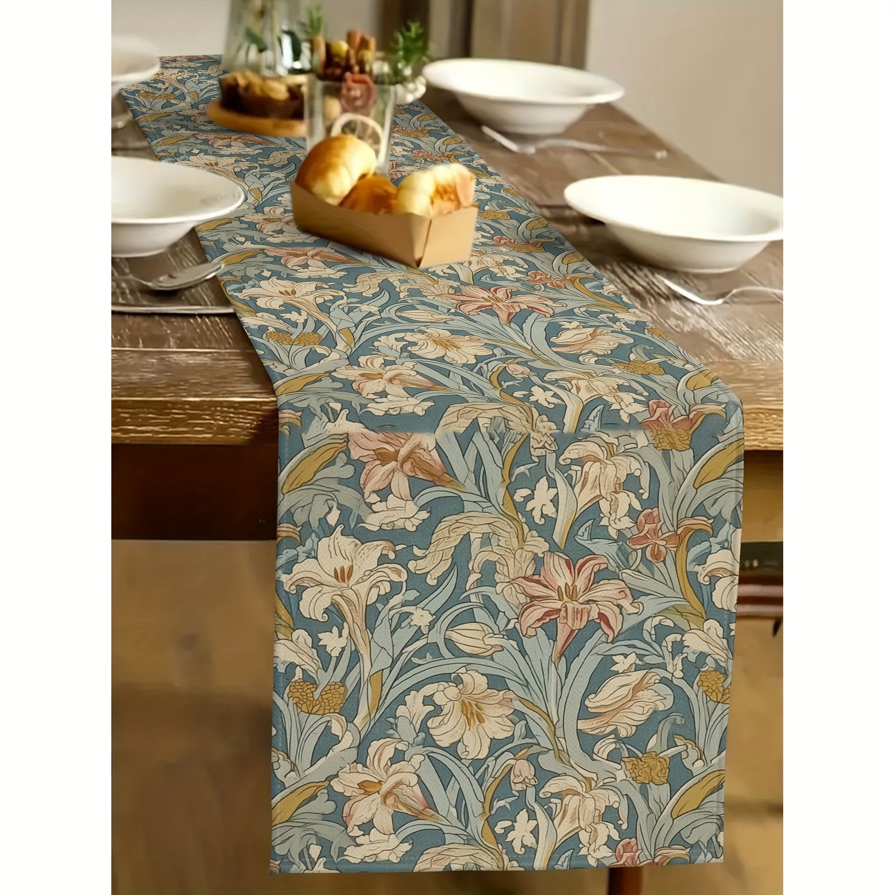 

Floral Linen Table Runner - 100% Knitted Linen Fabric, Rectangular Flower Pattern, Elegant Home Dining Decor, Dustproof & Party Tableware Accessory, 13x72 Inches - Jit 1pc