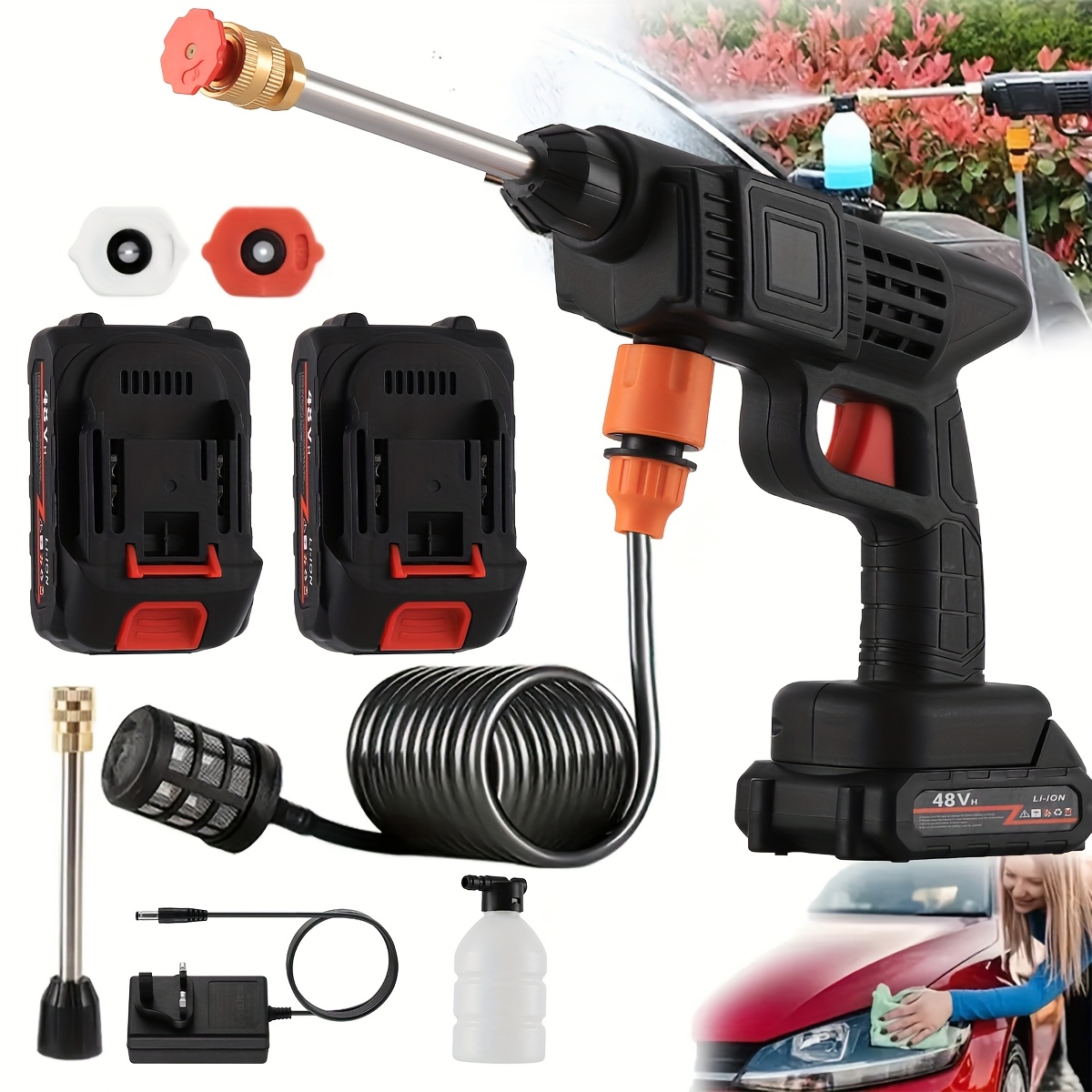 TEMU [wireless 6-in-1 Adjustable Nozzle Car Wash] Cordless High-pressure Car Wash Water Gun | Electric Car Wash Machine, Household Car Wash, Connect