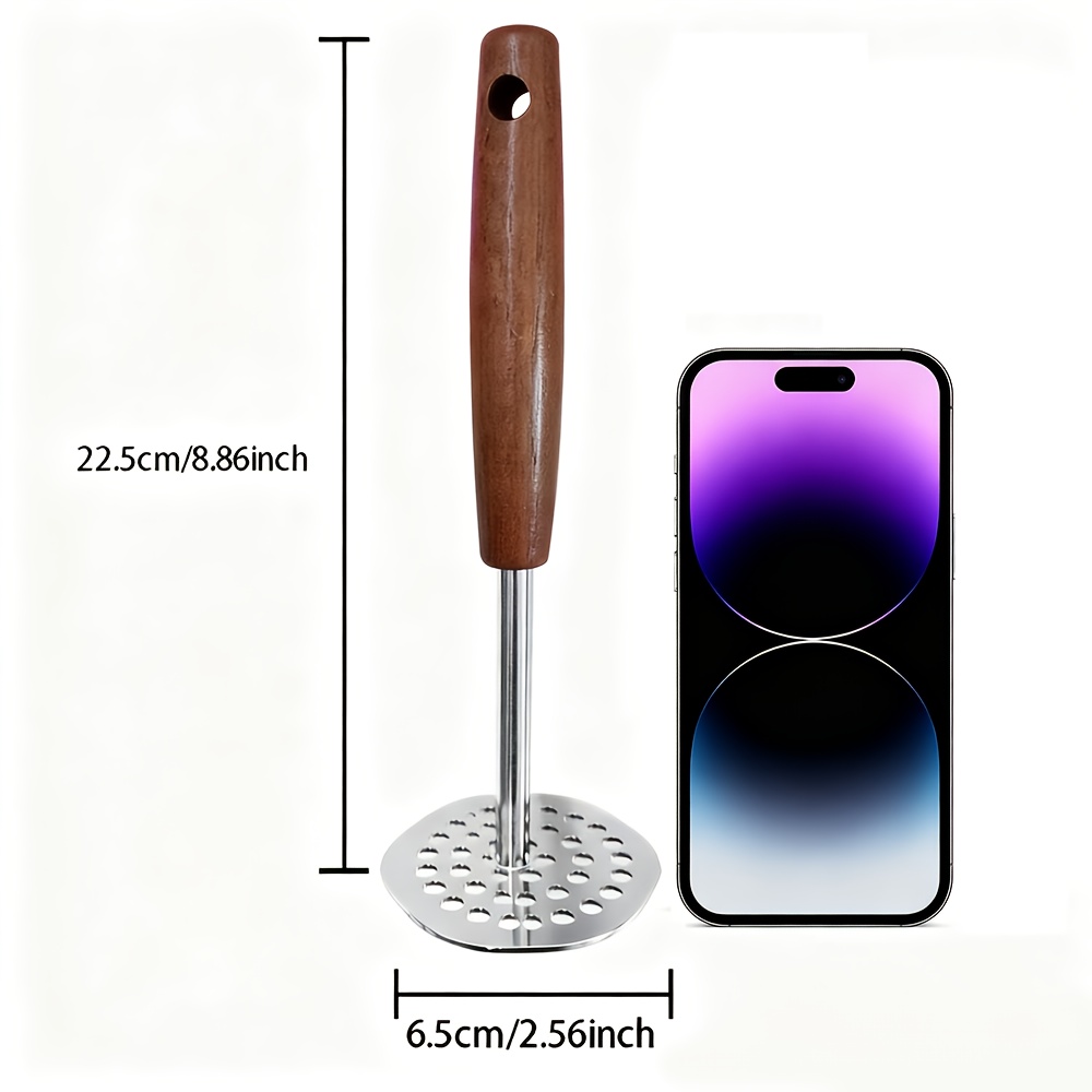 Image of 1pc Premium Stainless Steel Potato Masher With Wooden Handle | Fine Mesh Platen For Smooth Potatoes, Pureed