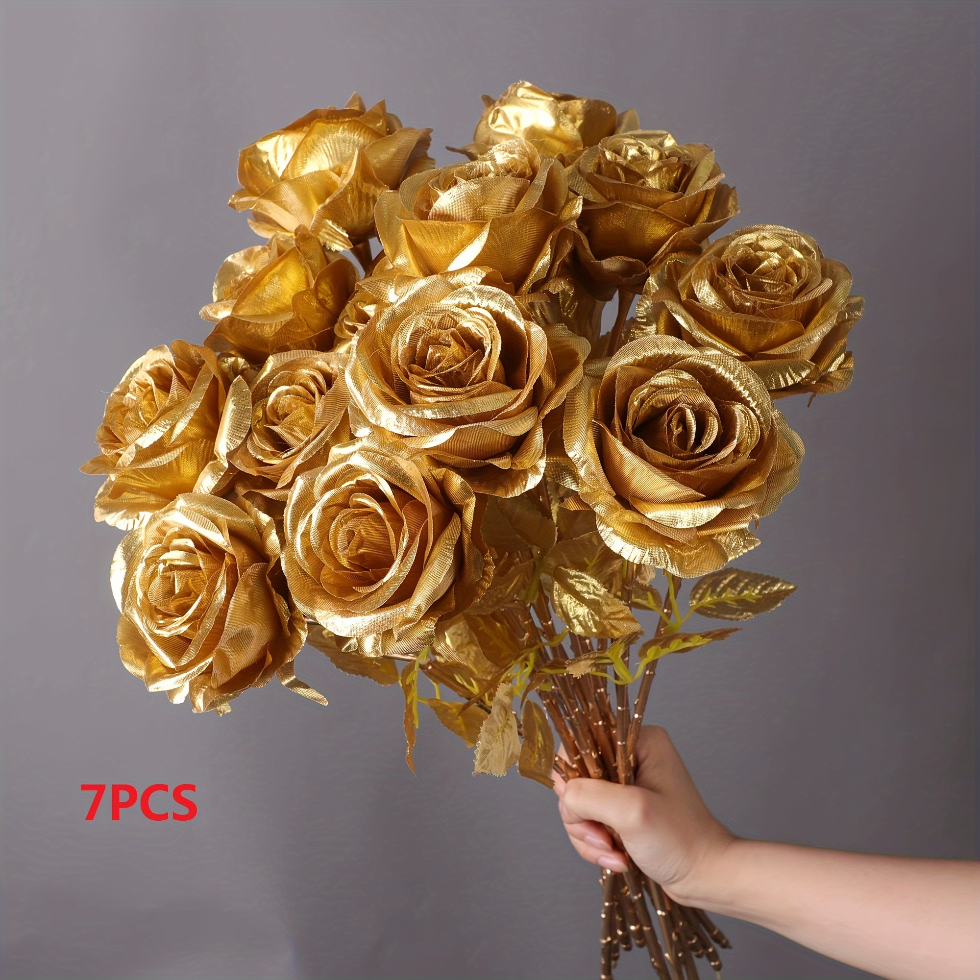 7/13pcs Flores Doradas de Simulación, Ramo de Novia de Rosa de Tacto Real, Decoración Floral para Jardín y Fiesta en Casa, Regalo de San Valentín, Decoración del Hogar para San Valentín, Decoración Hermosa para la Habitación, Decoración del Hogar