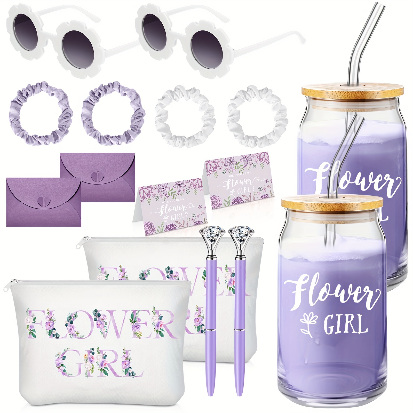 

16 Pcs Be Girl Proposal Gifts Set Flower Girl Tumbler With Straws Makeup Bag Sunglasses Hair Ring Diamond Pen Envelope Card For Wedding Bridal Shower (purple Series)